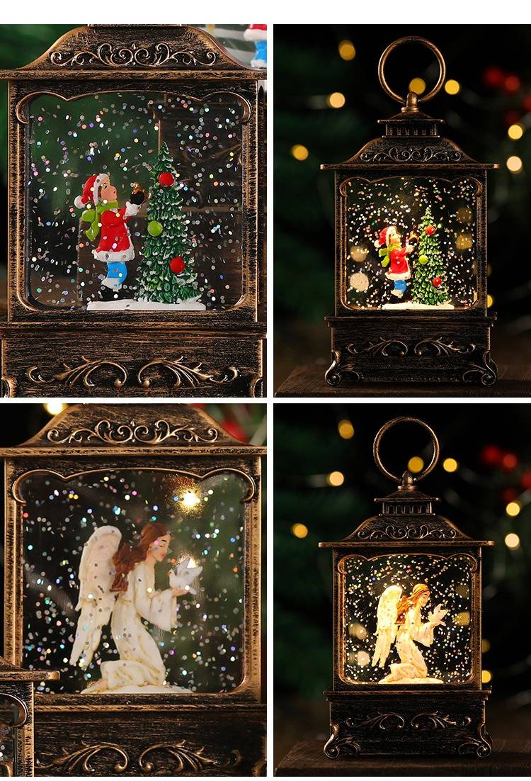 Christmas LED Water-Filled Lantern Decor - Santa, Reindeer, Angel & Kids Figurines - Vintage Bronze Tabletop Decoration For Holiday Tree_voghion.com