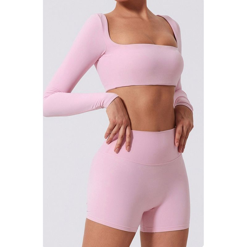Abbigliamento da yoga aderente da donna, effetto nude, manica lunga, con protezioni per il petto, vita, asciugatura rapida, sportivo, elastico, tre quarti, color pesca_voghion.com