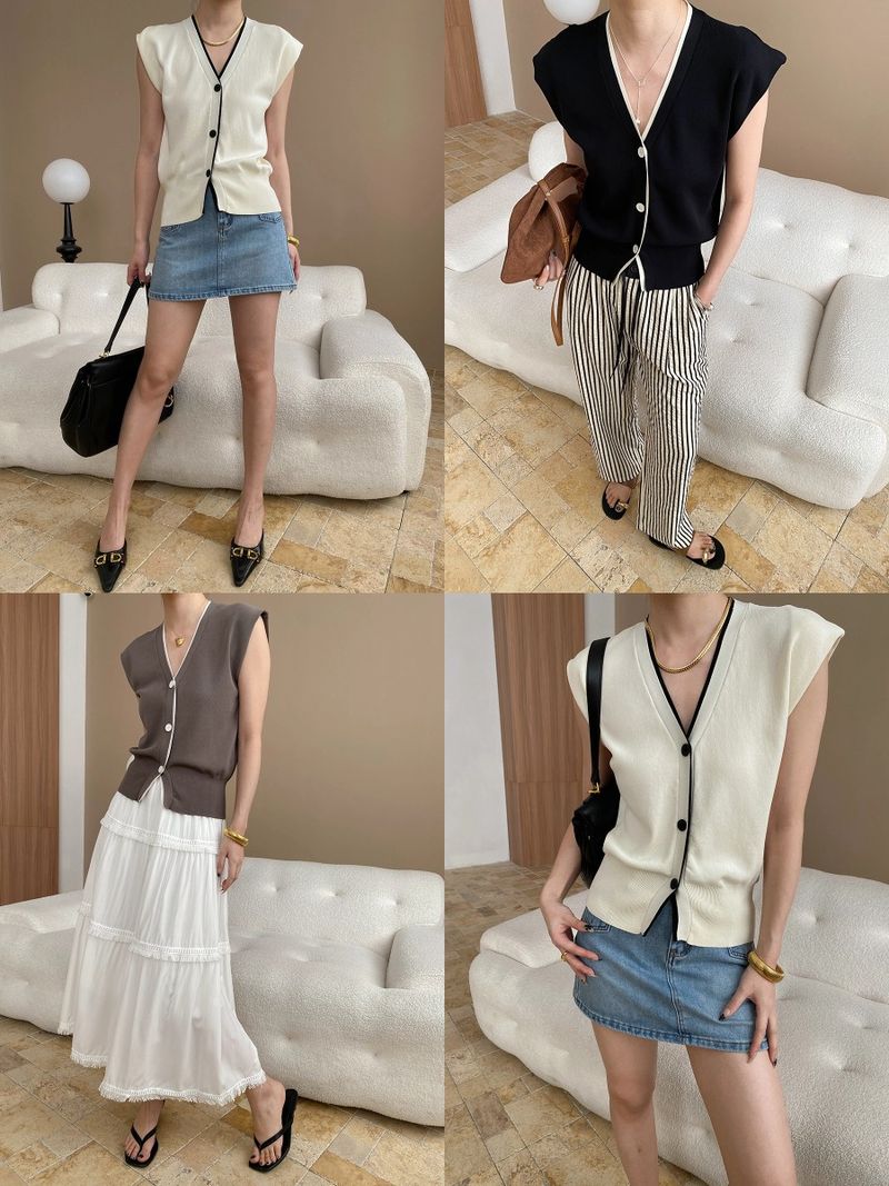 Lao Qian Commuting Sensation Color Contrasting Edge V-neck Waist Look Thin And Skinny Flying Sleeve Knitted Vest_voghion.com