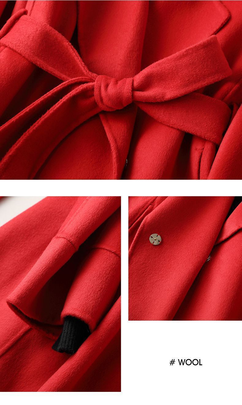 Dameskleding Dubbelzijdige kasjmier jas kort 2024 nieuwe stijl temperament vetersluiting slim fit kleine rode wollen jas voor dames_voghion.com