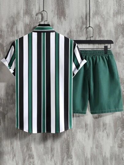 Set da 2 pezzi di camicia e pantaloncini estivi con stampa 3D a righe e colori a contrasto da uomo_voghion.com