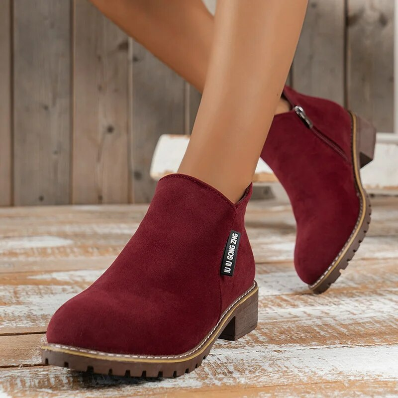 SHLIANG Herbst Seitlicher Reißverschluss Kurze Stiefel Weibliche Niedrige Stiefel Rutschfeste Frosted Wildleder Schuhe Frauen Stiefelette s0267_voghion.com