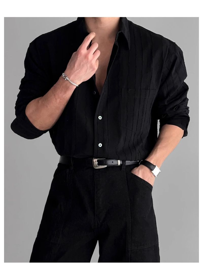 Camicia a maniche lunghe sottile con tasca in tinta unita da uomo, primavera e autunno, Dongdaemun, nuova camicia a nicchia larga strutturata di fascia alta_voghion.com