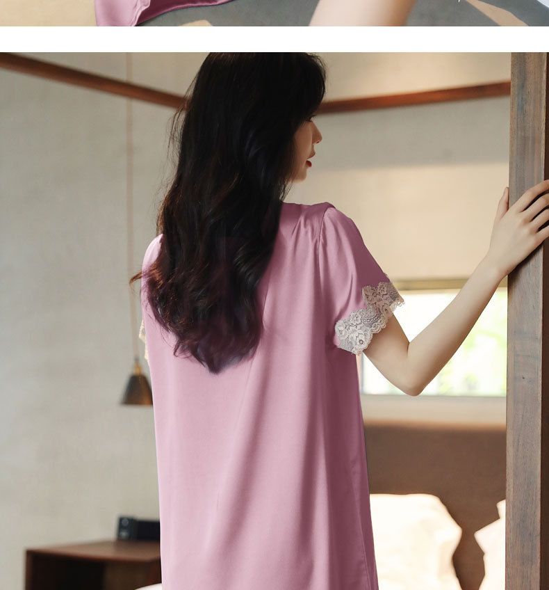 New Pajamas Women's Summer Ice Silk Loose Large Size European And Korean Version Sexy Lace Ice And Snow Silk Short-sleeved Nightdress Loungewear_voghion.com
