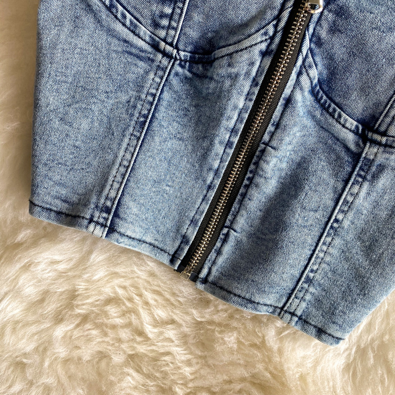 Haut à bretelles en denim rétro français, taille haute, jupe slim aux hanches, style occidental, ensemble deux pièces, nouvelle collection été_voghion.com