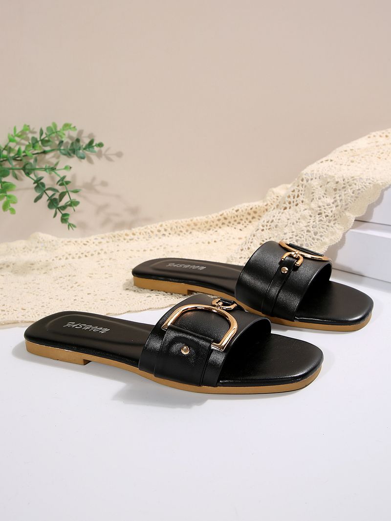 Women's Shoes Women's New Fashion Slippers Classic Temperament With Solid Color Metal Decoration Square Head Flat Sandals_voghion.com