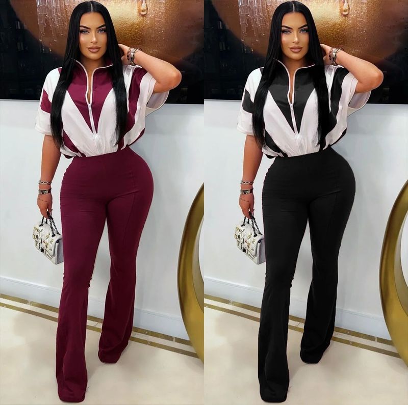 Women's Clothing Women's Stylish Zip-Up Jumpsuit With Color Blocking - Batwing Sleeves & Flared Pants - Lightweight Polyester Casual & Office Wear_voghion.com
