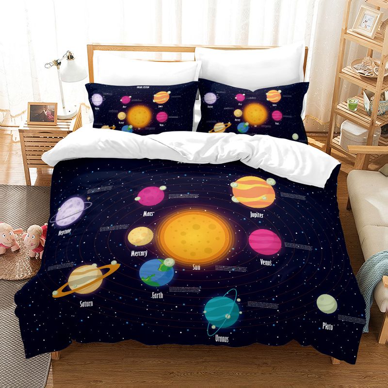 Set di biancheria da letto Premium Planet Pattern personalizzato, tre pezzi, in puro cotone/tessuto spazzolato_voghion.com