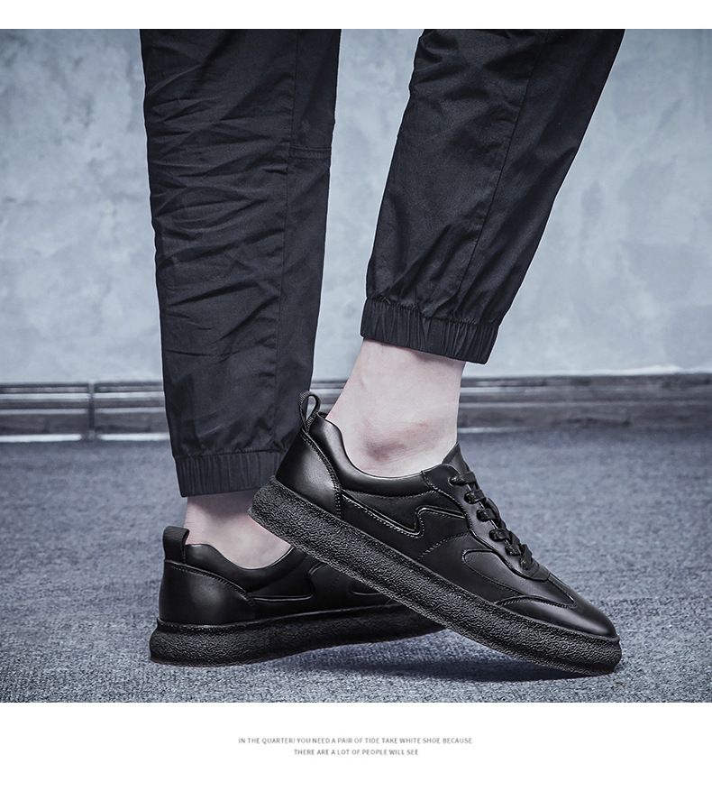 Men's Casual Lace-up Board Shoes Transparent First-layer Cowhide Shoes Shallow Mouth Round Head Flat Bottom White_voghion.com