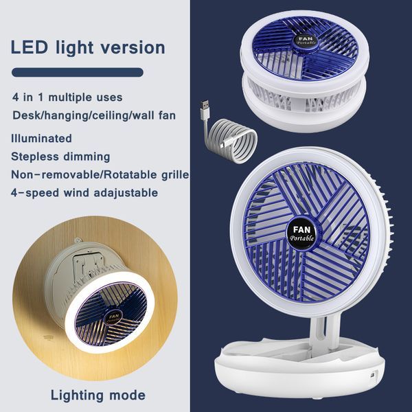 USB Charging Foldable Desk Fan Wall Mounted Hanging Ceiling Fan With LED Light 4 Speed Adjustable For Home Room Air Cooler Fan_voghion.com