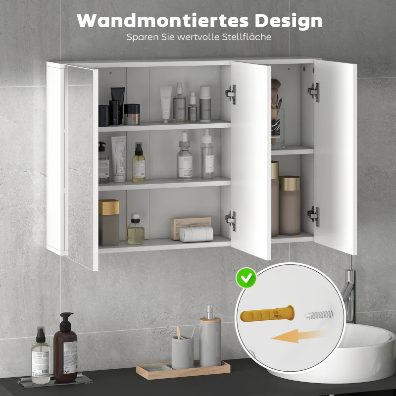 Wandmontierter Spiegelschrank Mit 3 Türen, Fürs Badezimmer, 90x15.5x60 Cm, Bianco_voghion.com