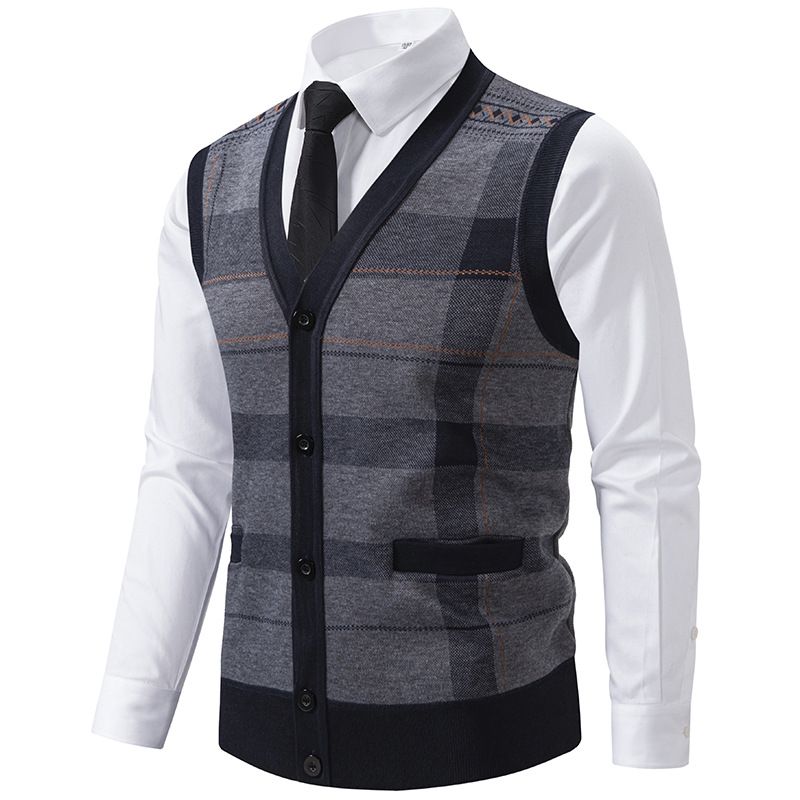 Suéter de punto ajustado y versátil de talla grande para hombre, chaqueta tipo chaleco_voghion.com