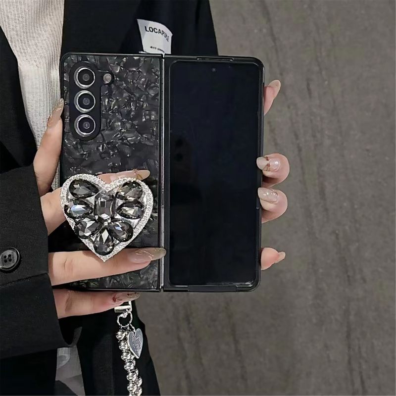 For Samsung Galaxy Z Fold 3 4 5 Luxury Shell Diamond Stone Crystal Heart Holder Stand Wrist Chain Strap Phone Case Cover_voghion.com