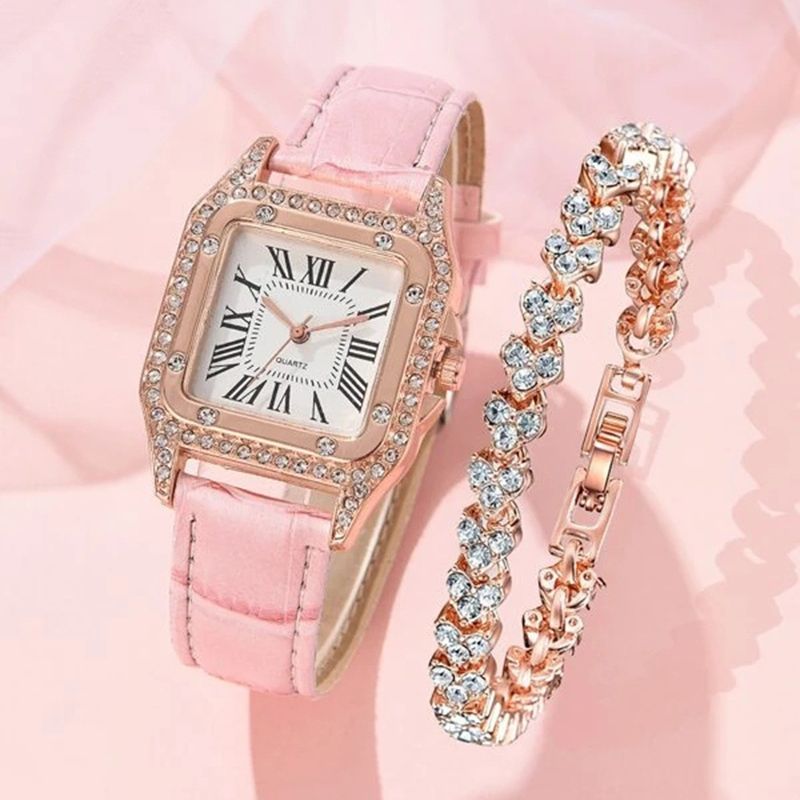 Damesmodetrend Elegante vierkante wijzerplaat riem Quartz horloge + strass armband_voghion.com