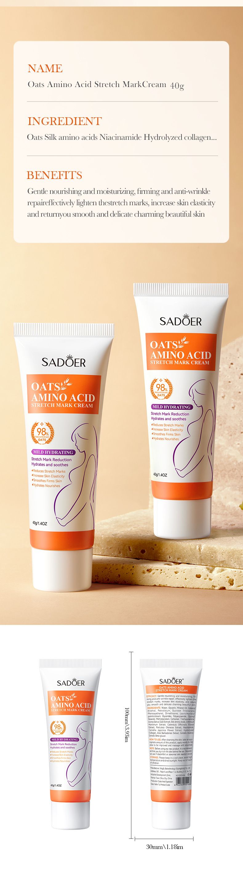 Crema idratante all'avena inglese completa 40 g SADOER Lozione per il corpo delicata e non irritante per la cura della pelle_voghion.com