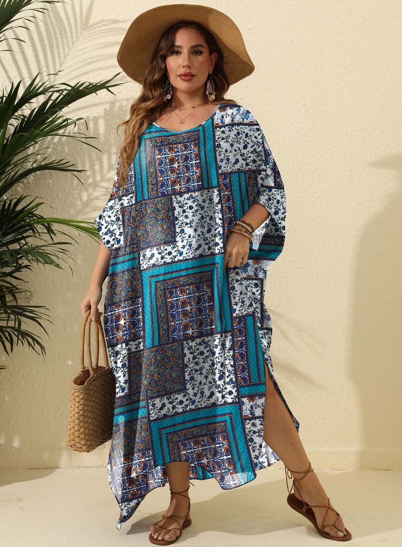 Plus Size Damenkleid im Ethno-Stil mit Print, lockere Bluse, Strandurlaub, Schlitz, langer Rock_voghion.com