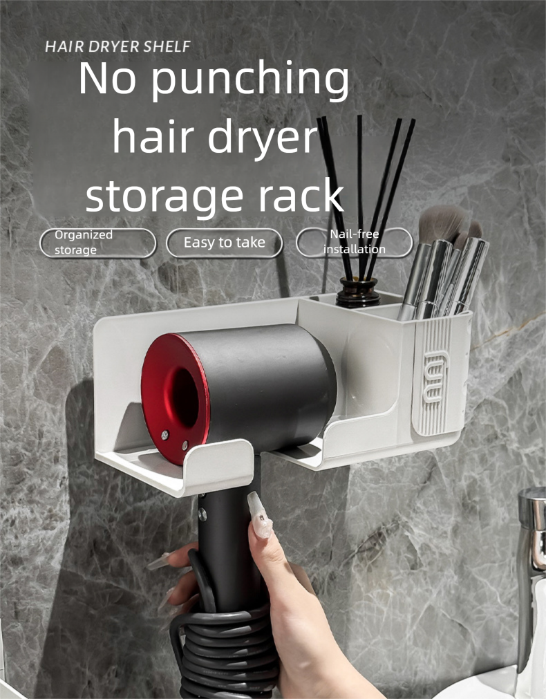 Supporto per asciugacapelli integrato da parete multifunzionale senza foratura per il bagno_voghion.com