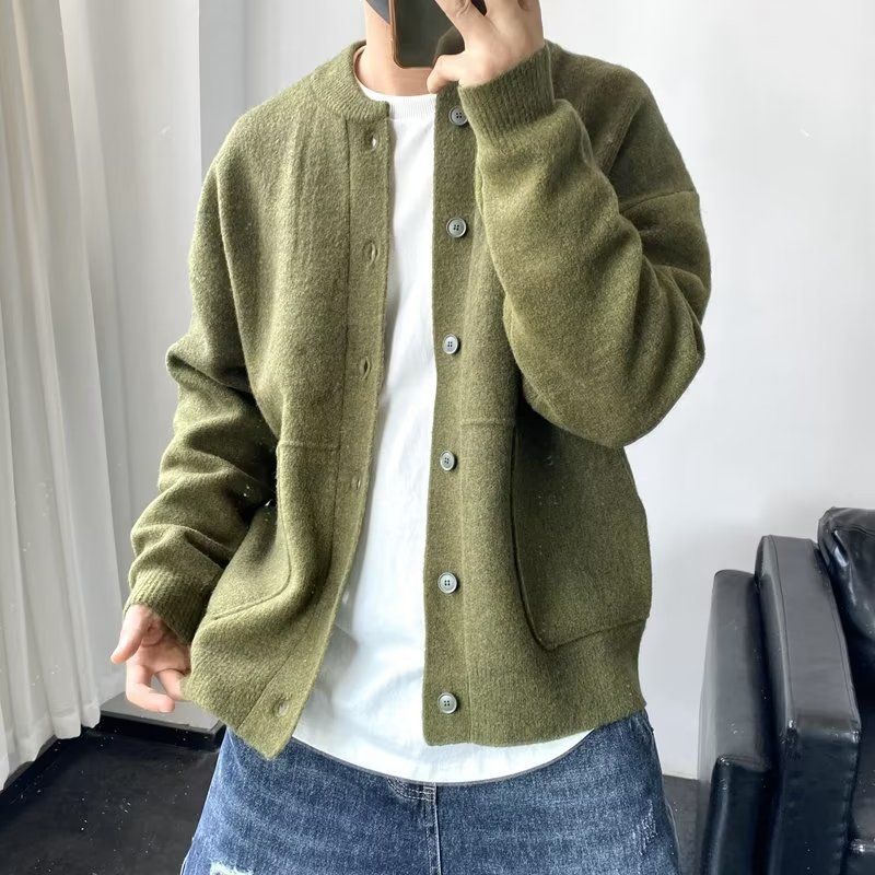 Men's Casual Button-Up Knit Cardigan, Loose Fit Long Sleeve Sweater For Spring & Fall, Stylish Open-Front Coat_voghion.com