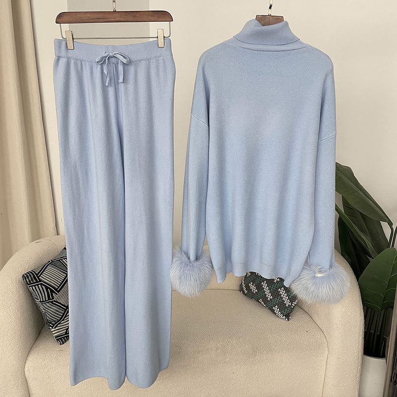 Ensemble en tricot avec poignets en fourrure de renard pour femme – Pull ample à col montant et pantalon large pour l'automne/hiver_voghion.com