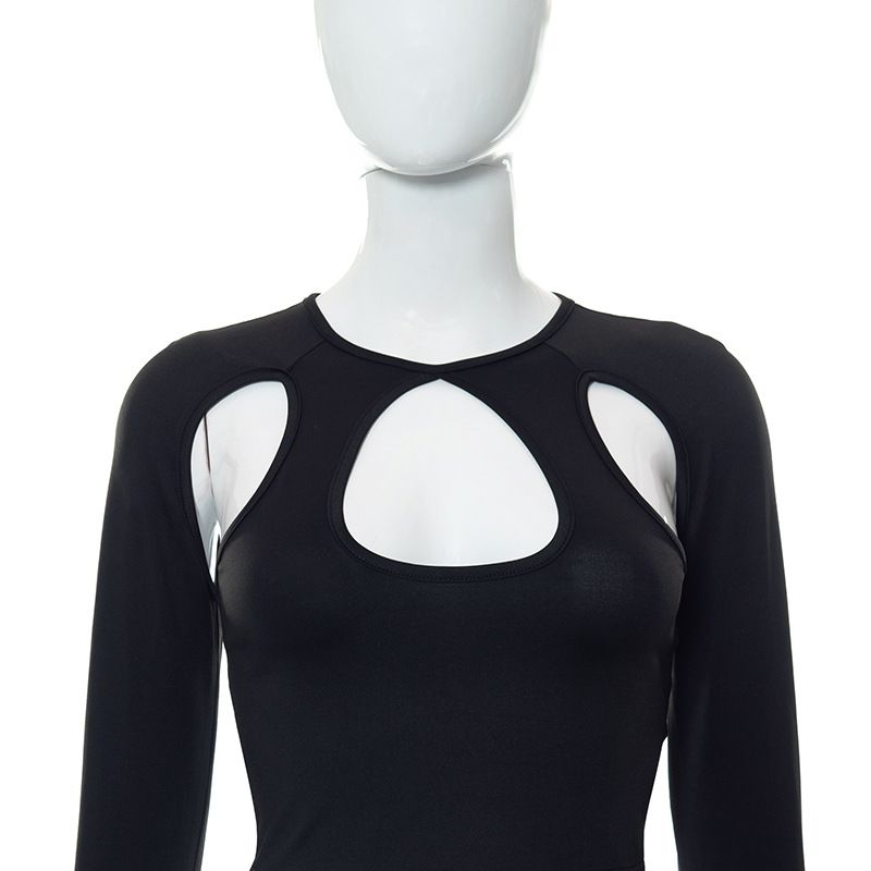 Abbigliamento da donna: nuovo top slim a maniche lunghe cavo in tinta unita con ombelico scoperto_voghion.com