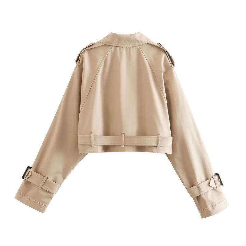 Trench corto a maniche lunghe in stile britannico con scollo a V a due bottoni in pizzo antivento, versatile alla moda_voghion.com