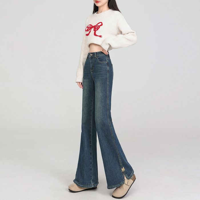 Plus Size Early Spring Side Slit Flared Jeans For Women, American Style High Waist Slimming Non-Tight Leg Bootcut Pants_voghion.com