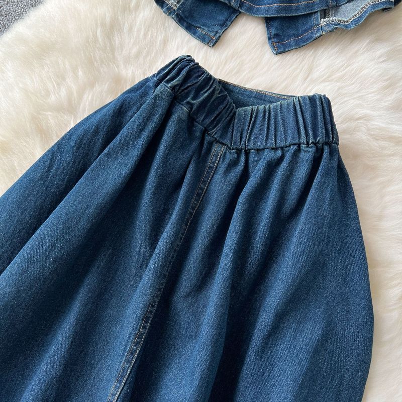 Damenbekleidung, altersreduzierender Anzug im französischen Stil für Damen im Sommer, leichter, reifer Stil, plissierte Taille, ärmelloses Jeansoberteil mit Revers + Rock mit hoher Taille_voghion.com