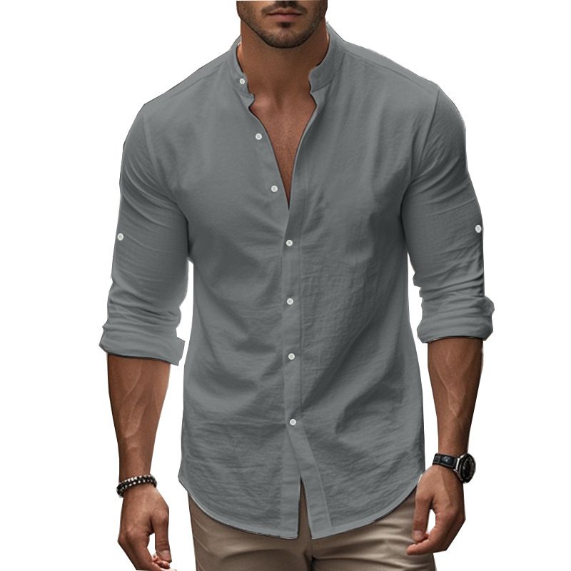 Camicia casual in cotone e lino tinta unita, a maniche lunghe, con colletto alto, da uomo, di qualità imbattibile, autunno 2025_voghion.com