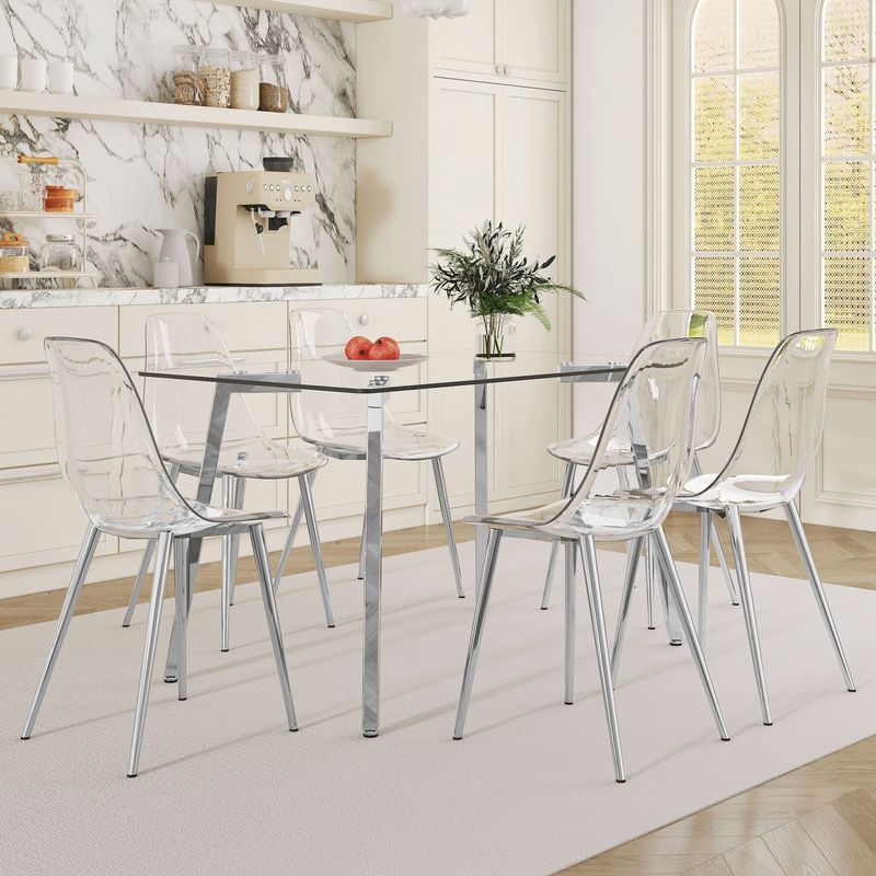 Table And Chair Set.51 * 31.5 Inch Silver Leg Glass Dining Table With 6 Transparent Dining Chairs: A Stylish Combination That Showcases Elegant Style._voghion.com