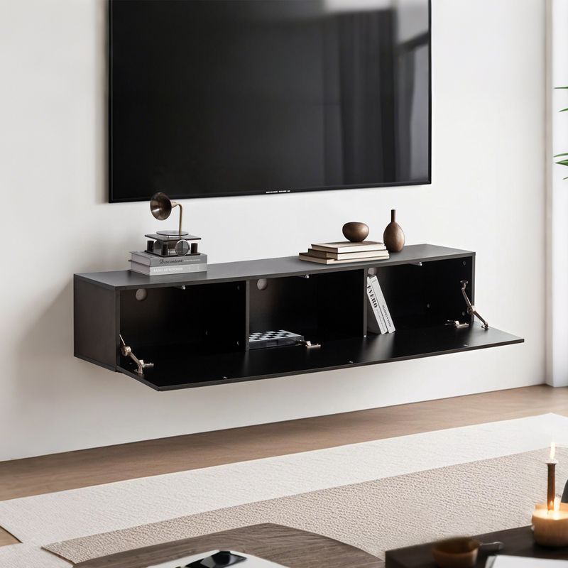 Meuble TV mural, console multimédia lowboard 160 x 30,5 x 34 cm, noir_voghion.com