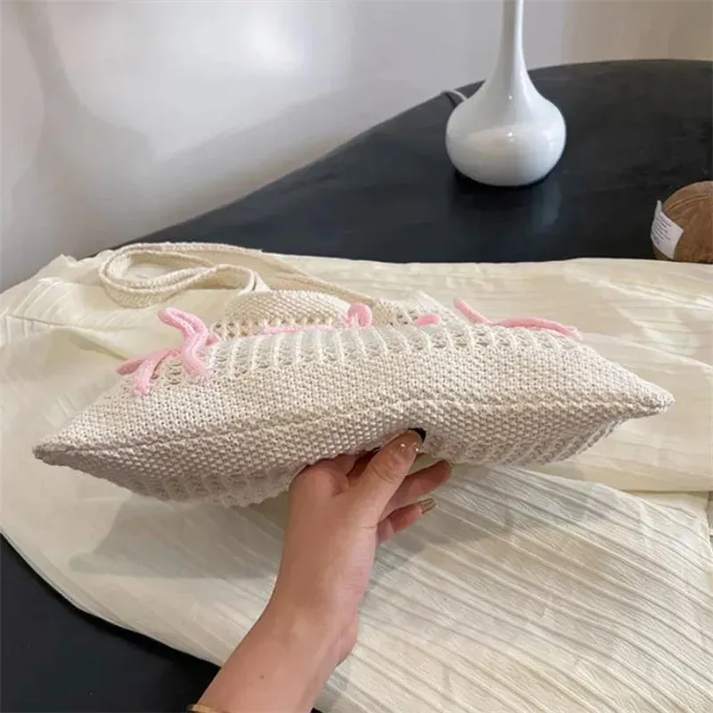 Preppy Style Crochet Tote With Butterfly Accents Solid Color Polyester Shoulder Foldable Fashion Beach Bag 250402_voghion.com