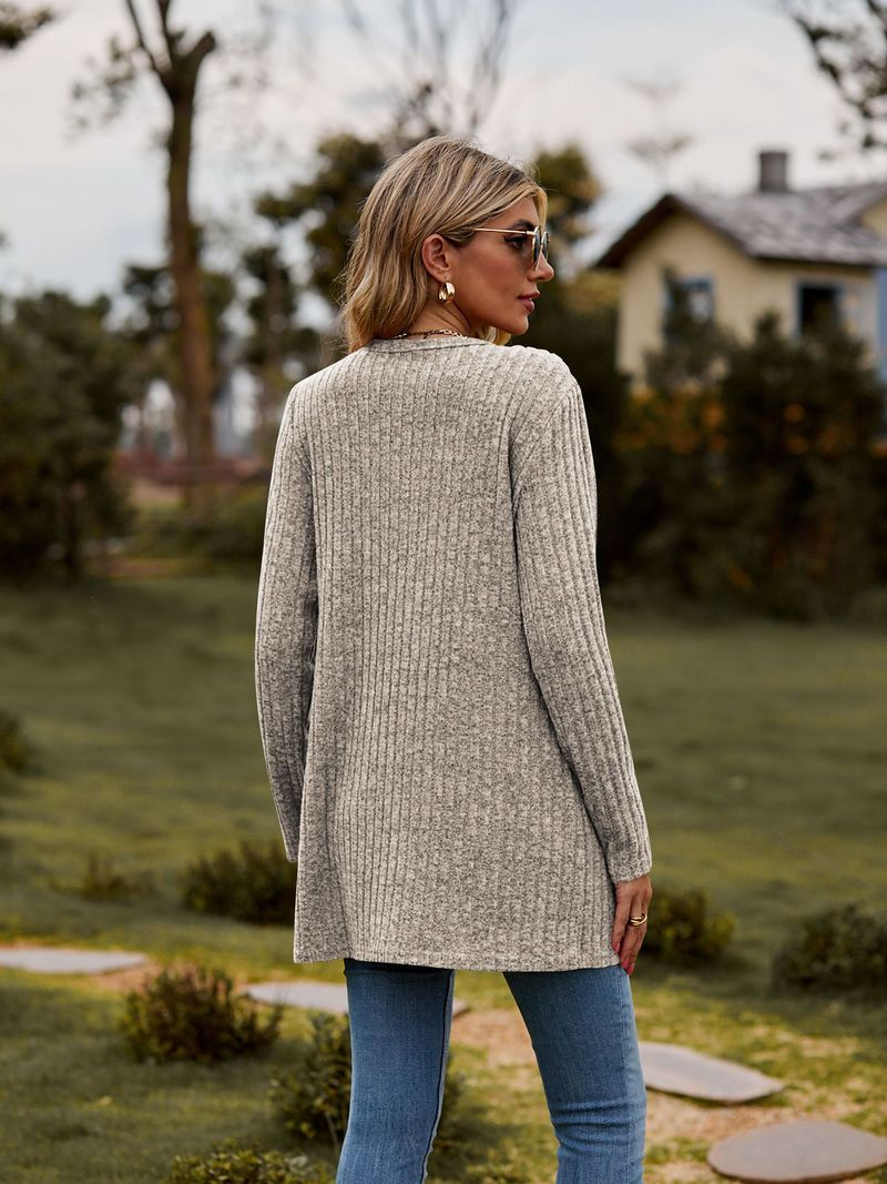 Nueva chaqueta tipo cárdigan de manga larga de color liso con tiras cepilladas para mujer_voghion.com