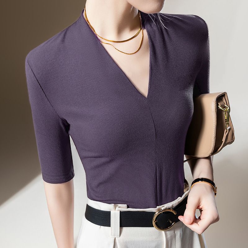Maglietta da donna a maniche lunghe, a coste, tinta unita, stile europeo, elegante, con scollo a V profondo, modello 2025, con vita stretta_voghion.com