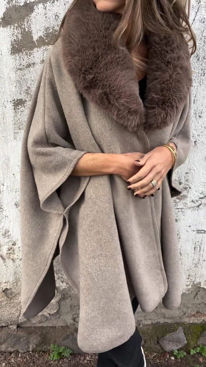 Women's Winter Cape Coat With Faux Fur Collar – Oversized Lapel Trench Coat For Office & Casual_voghion.com