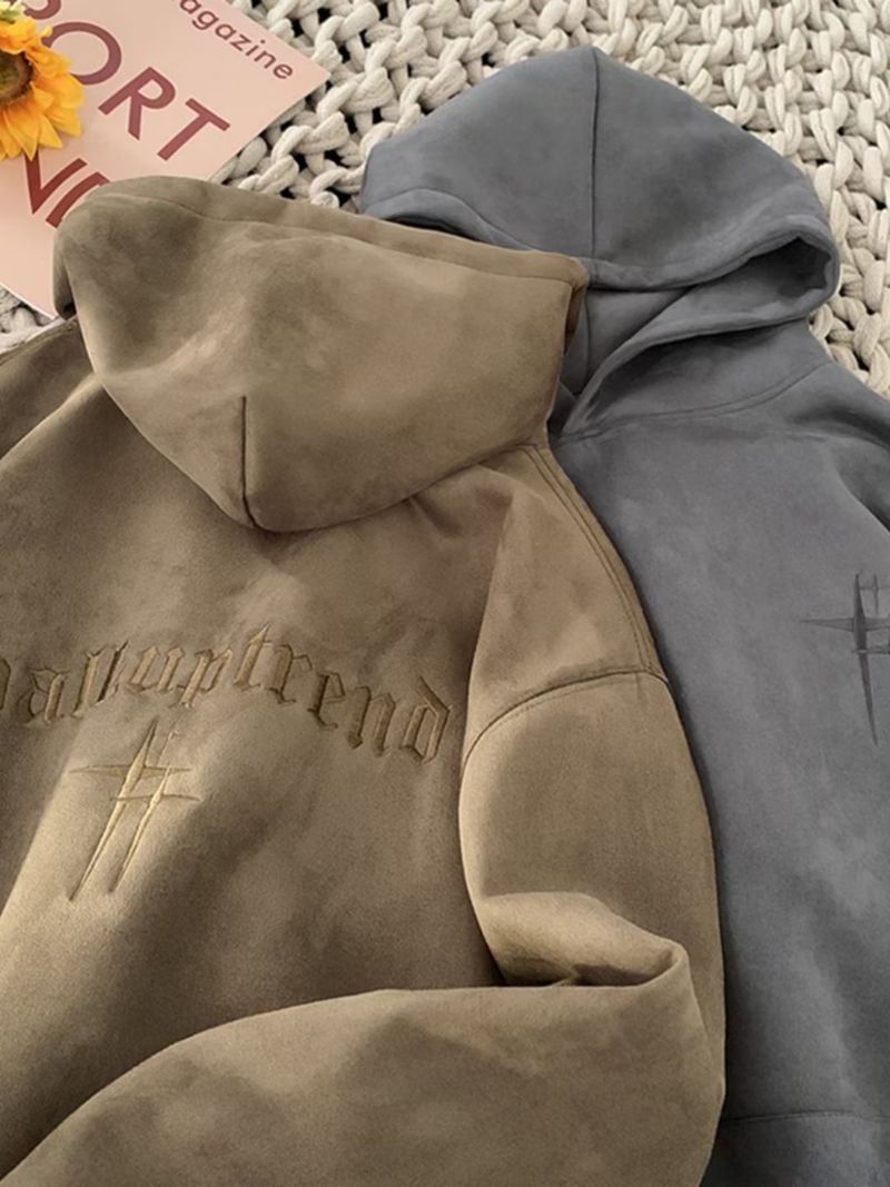 Felpa con cappuccio da uomo in pelle scamosciata pesante con lettere ricamate, giacca casual ampia da autunno e inverno_voghion.com