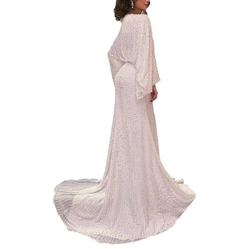 Robe longue élégante à paillettes et manches longues pour femme, col en V, longueur au sol, queue de poisson, banquet_voghion.com