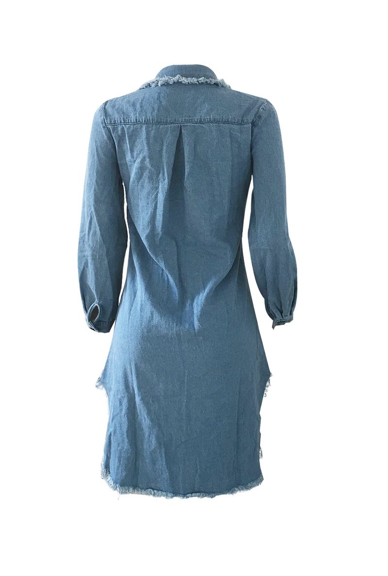 Vestido vaquero con flecos rasgados a la moda para mujer_voghion.com