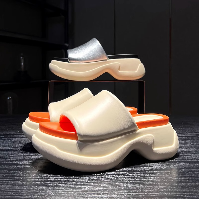 Sommer Nye Skinn Slip On Tøfler Dame Muffin Tykksålet Brødsko Ser Tynnere Og Høyere Ut Med Fargematchende Sandaler_voghion.com