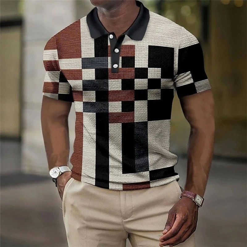 Neues Pullover-Poloshirt mit Knöpfen, karierten Ärmeln, modisches Pendler-Kurzarmshirt für Herren_voghion.com