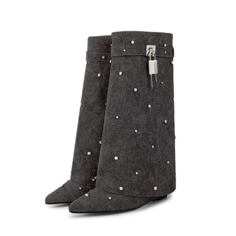 Neue, große Rhie Lockup-Jeansstiefel mit wadenlangen Keilabsatz für Damen_voghion.com