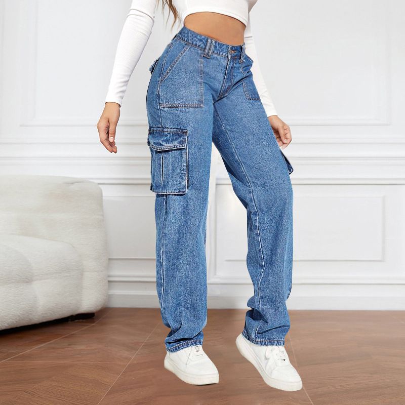 Jeans multitasche a vita media in stile retrò americano, pantaloni casual da donna a gamba dritta, Tide_voghion.com