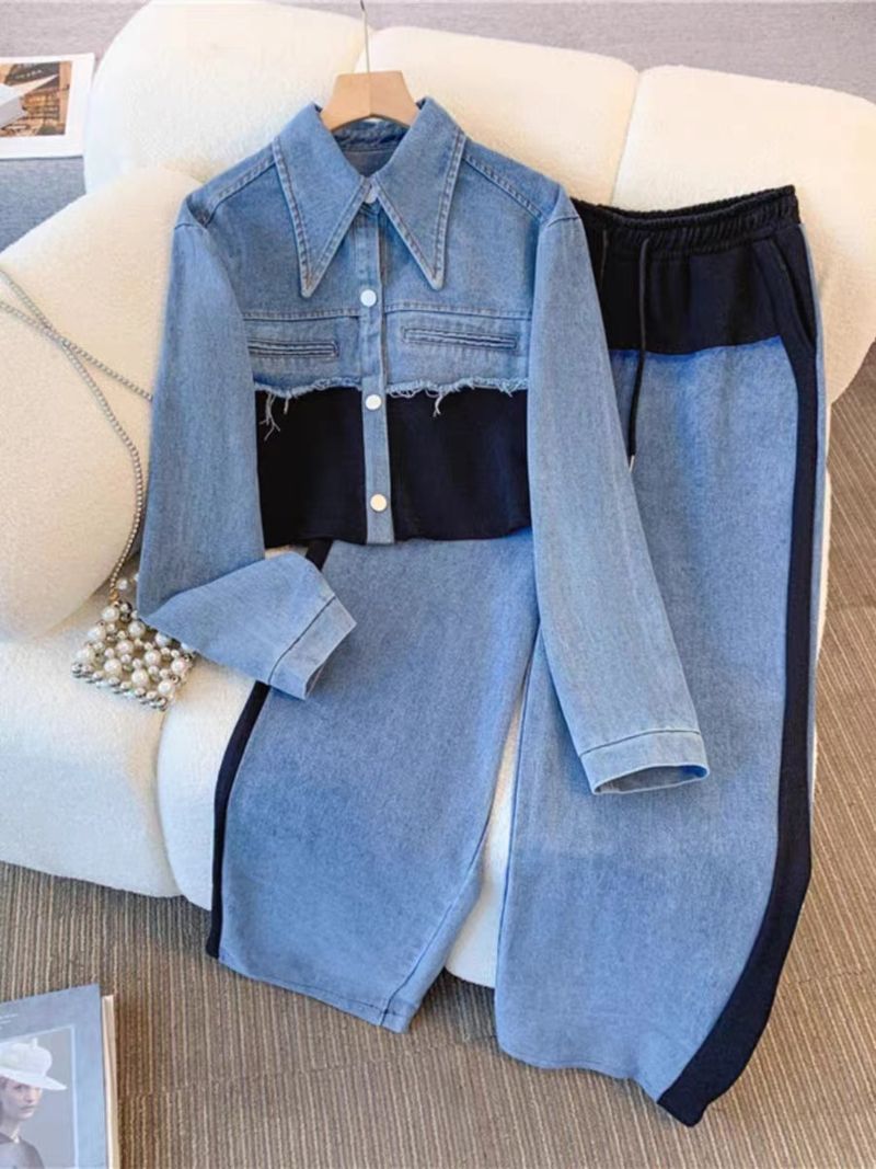 Dametøj moderigtigt patchwork denimjakke afslappet buksedragt med brede ben moderigtigt og stilfuldt jakkesæt i to dele_voghion.com