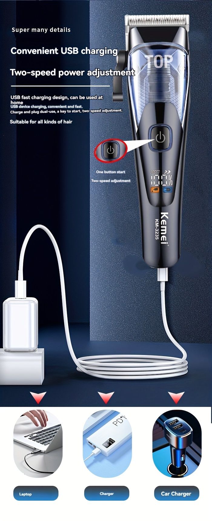 LCD Digital Display Hair Trimmer with USB Fast Charging - KM-3235 Household Electric Clipper_voghion.com