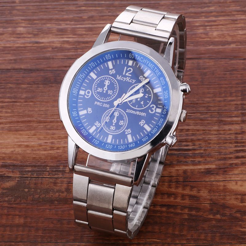 Bunte blaue Lichtglas drei Augen Stahlband Quarz Geschenk Herrenuhr_voghion.com