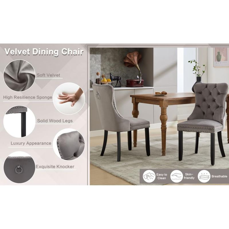 CREASION Set Of 2 Velvet Dining Chairs, Button Tufted With Wood Legs, Rivet Trim & Knocker Ring For Dining & Living Room_voghion.com