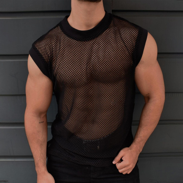 Pánské průhledné sexy síťované ležérní bezrukávové tielko_voghion.com