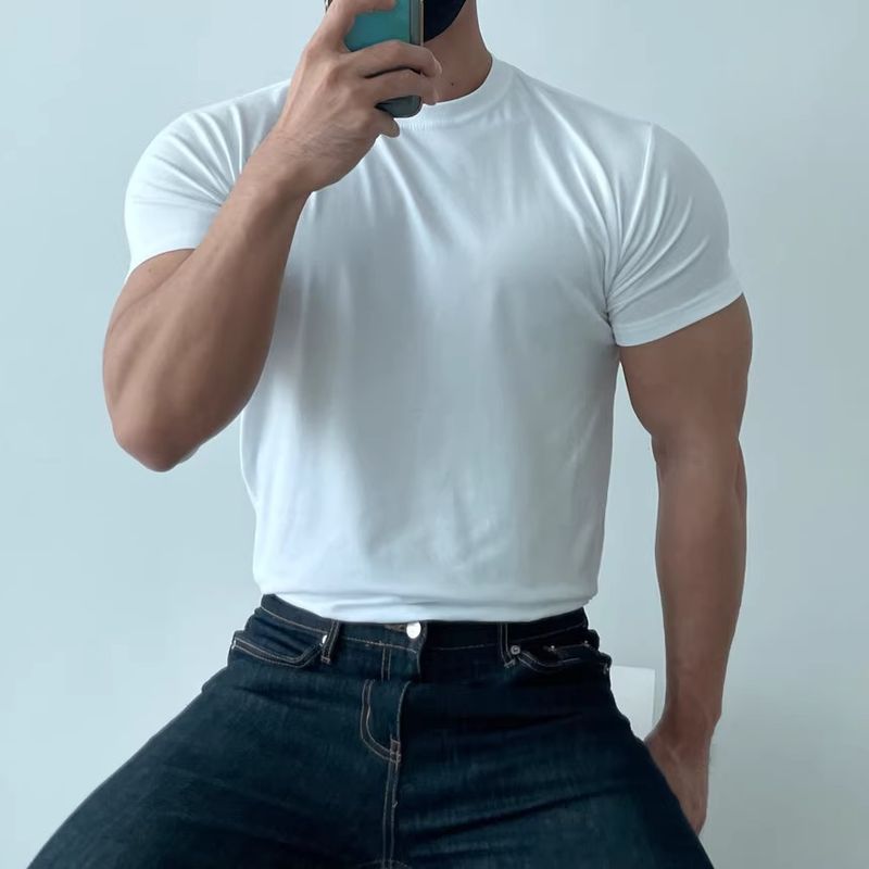 Herrenbekleidung Sommer-T-Shirt mit kleinem Ausschnitt Slim Fit Kurzarm Muskelanzug_voghion.com