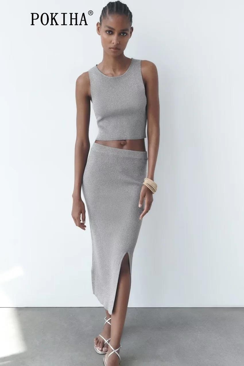 Pokiha Moda Donna Canotte corte lavorate a maglia metallizzata e gonne longuette divise in vita elastica sottile Donna Chic in due pezzi_voghion.com