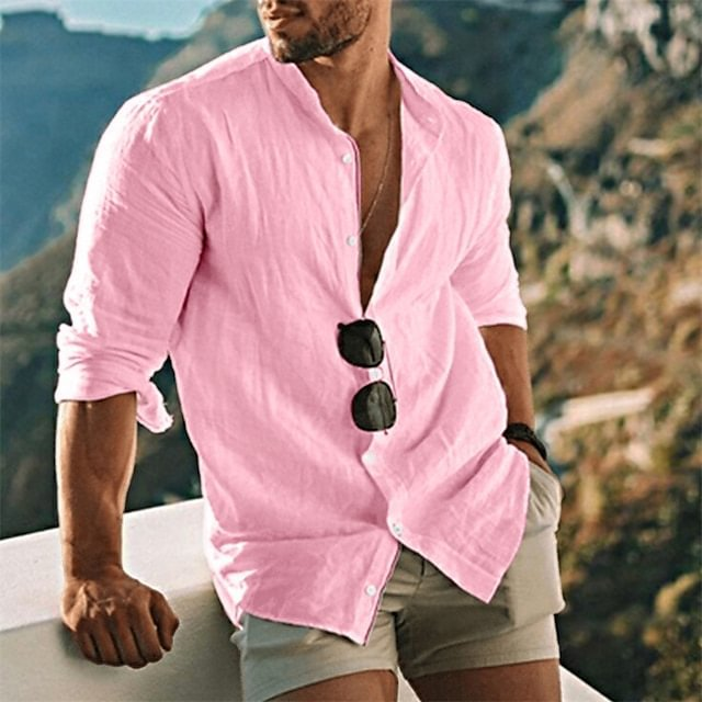 2023 Nuova camicia in puro cotone cardigan in lino tinta unita colletto rialzato casual_voghion.com