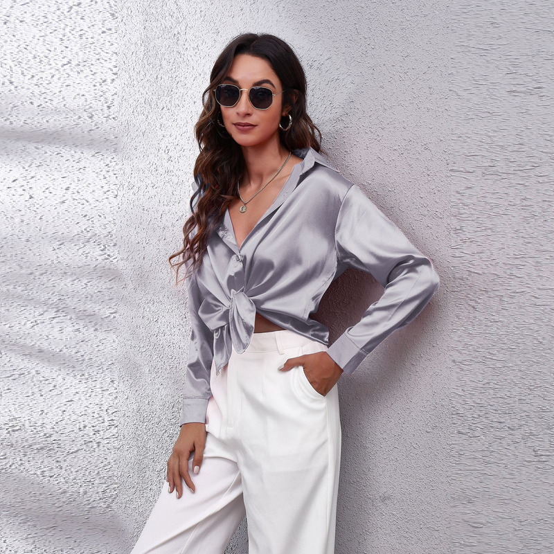 Women's clothing color D shirt satin silk imitation long sleeve shirt_voghion.com